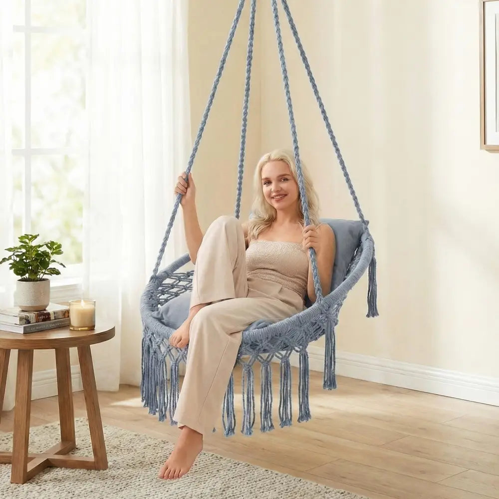 Macrame Swing Chair Hammock Chair with 2 Removable Cushions-Grey - Gray - Hammocks