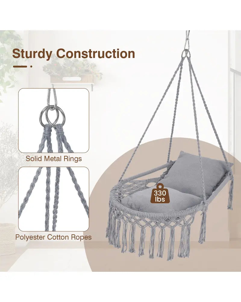 Macrame Swing Chair Hammock Chair with 2 Removable Cushions-Grey - Gray - Hammocks