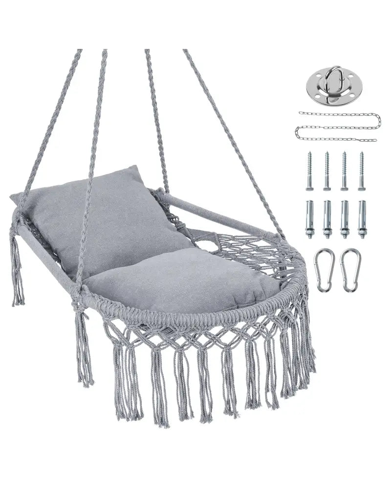 Macrame Swing Chair Hammock Chair with 2 Removable Cushions-Grey - Gray - Hammocks