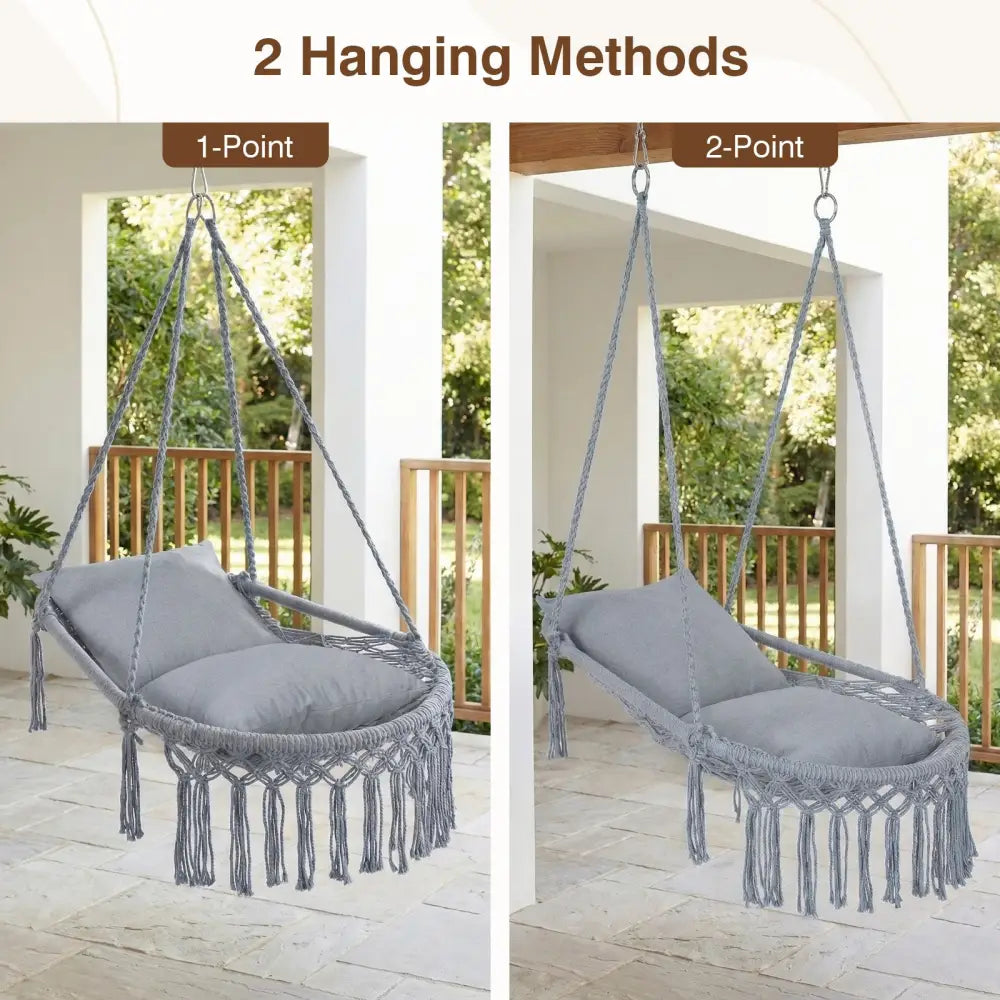 Macrame Swing Chair Hammock Chair with 2 Removable Cushions-Grey - Gray - Hammocks