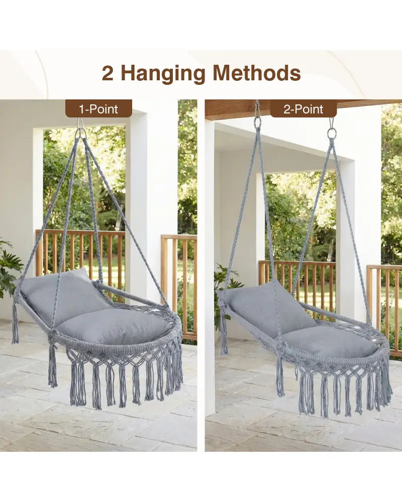 Macrame Swing Chair Hammock Chair with 2 Removable Cushions-Grey - Gray - Hammocks