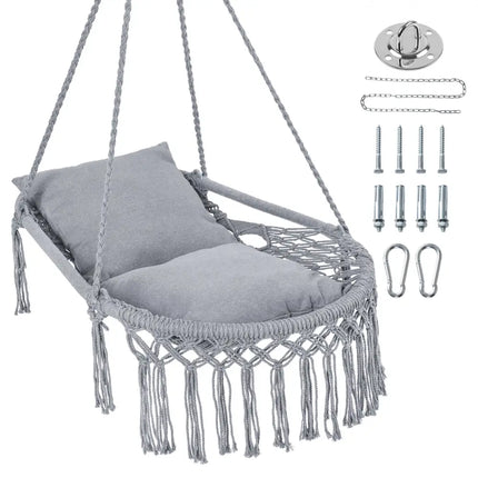 Macrame Swing Chair Hammock Chair with 2 Removable Cushions-Grey - Gray - Hammocks