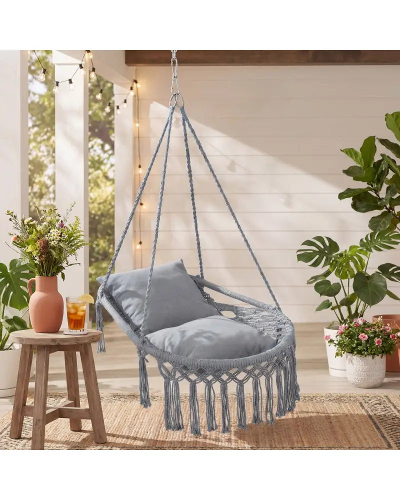 Macrame Swing Chair Hammock Chair with 2 Removable Cushions-Grey - Gray - Hammocks