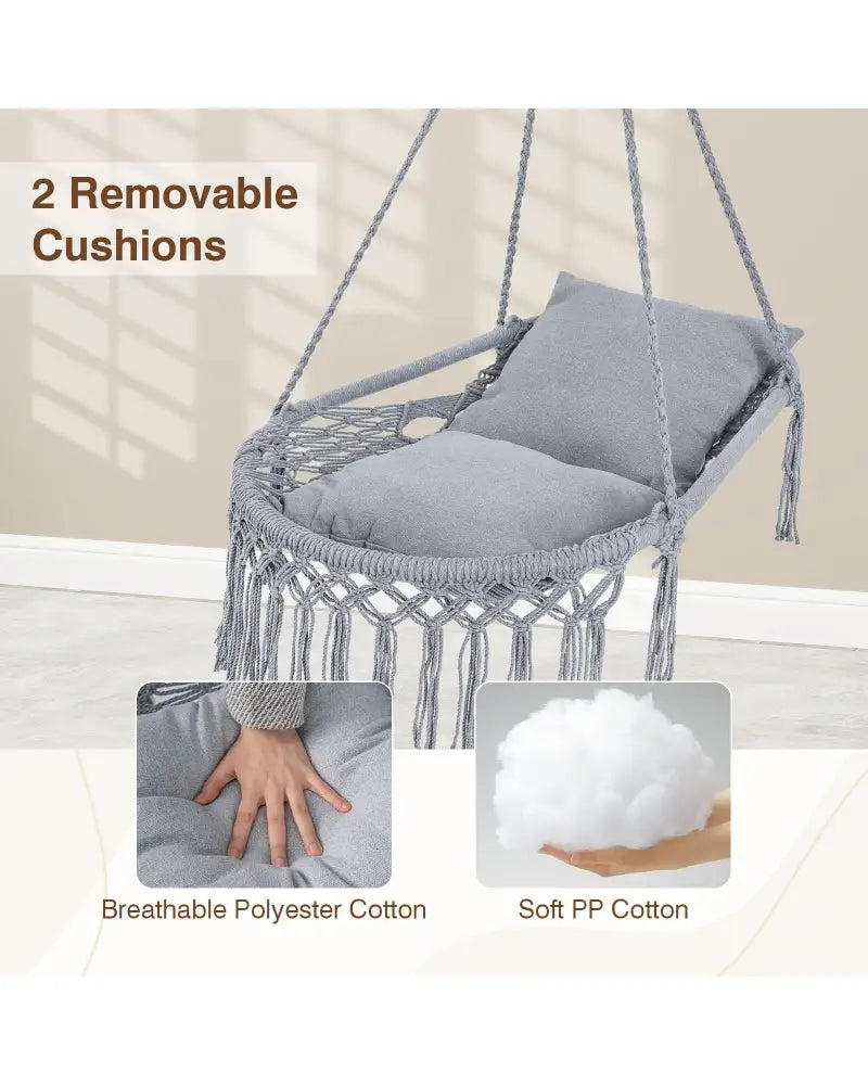 Macrame Swing Chair Hammock Chair with 2 Removable Cushions-Grey - Gray - Hammocks