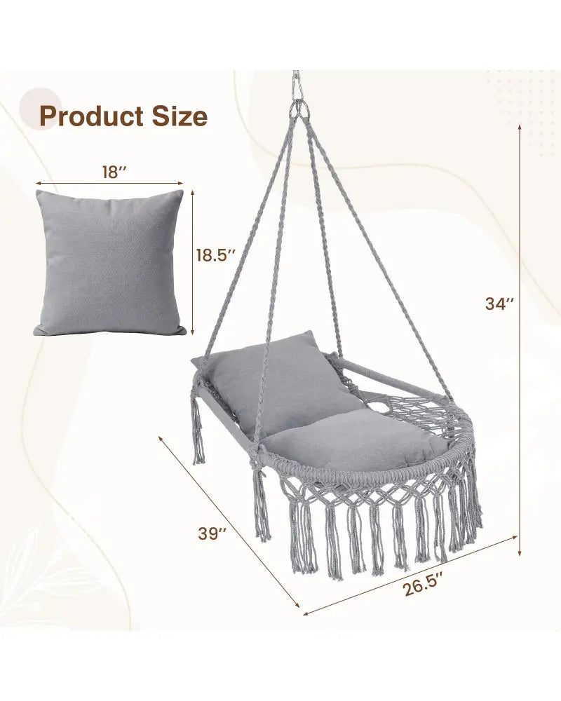 Macrame Swing Chair Hammock Chair with 2 Removable Cushions-Grey - Gray - Hammocks
