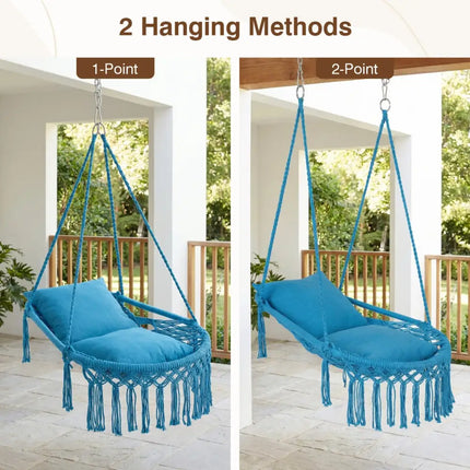 Macrame Swing Chair Hammock Chair with 2 Removable Cushions-Navy - Navy - Hammocks
