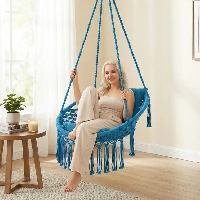 Macrame Swing Chair Hammock Chair with 2 Removable Cushions-Navy - Navy - Hammocks