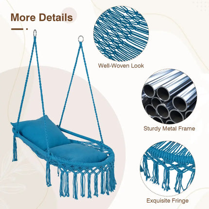 Macrame Swing Chair Hammock Chair with 2 Removable Cushions-Navy - Navy - Hammocks