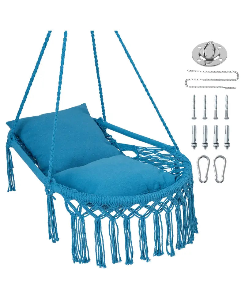 Macrame Swing Chair Hammock Chair with 2 Removable Cushions-Navy - Navy - Hammocks