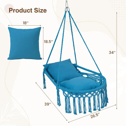 Macrame Swing Chair Hammock Chair with 2 Removable Cushions-Navy - Navy - Hammocks