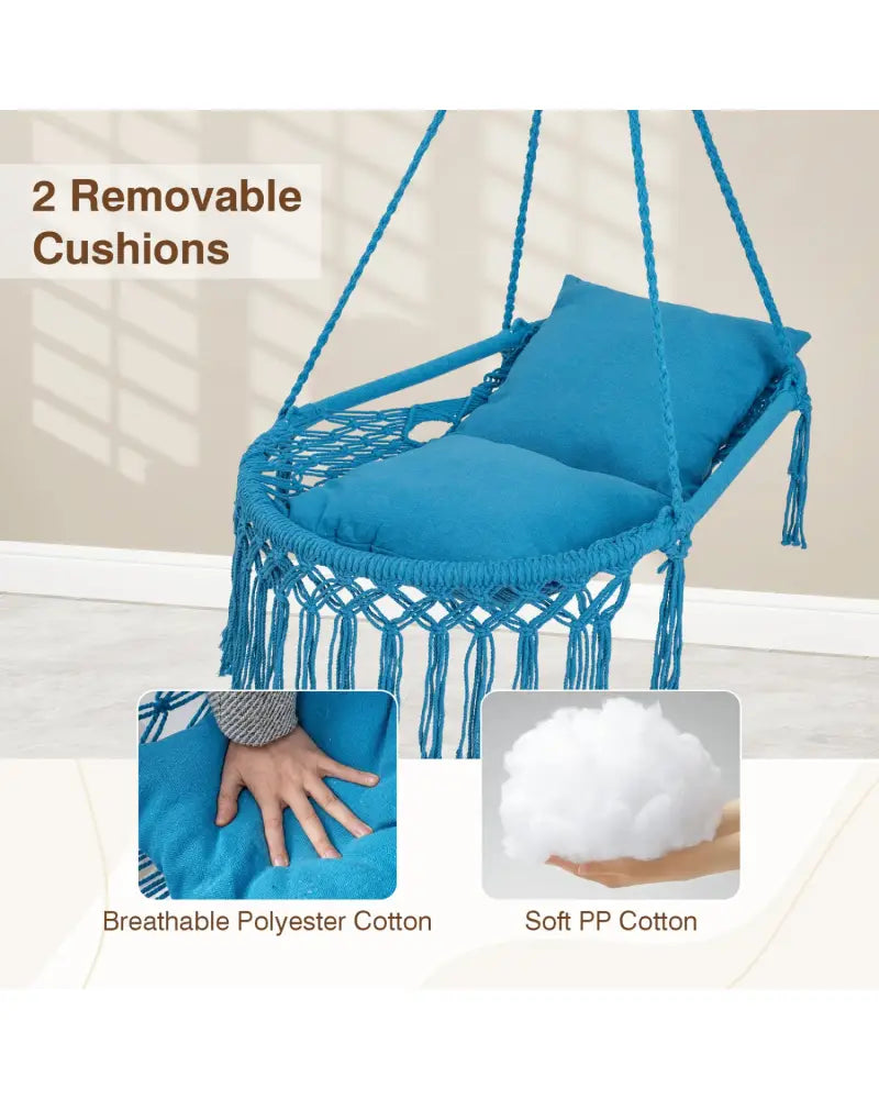 Macrame Swing Chair Hammock Chair with 2 Removable Cushions-Navy - Navy - Hammocks