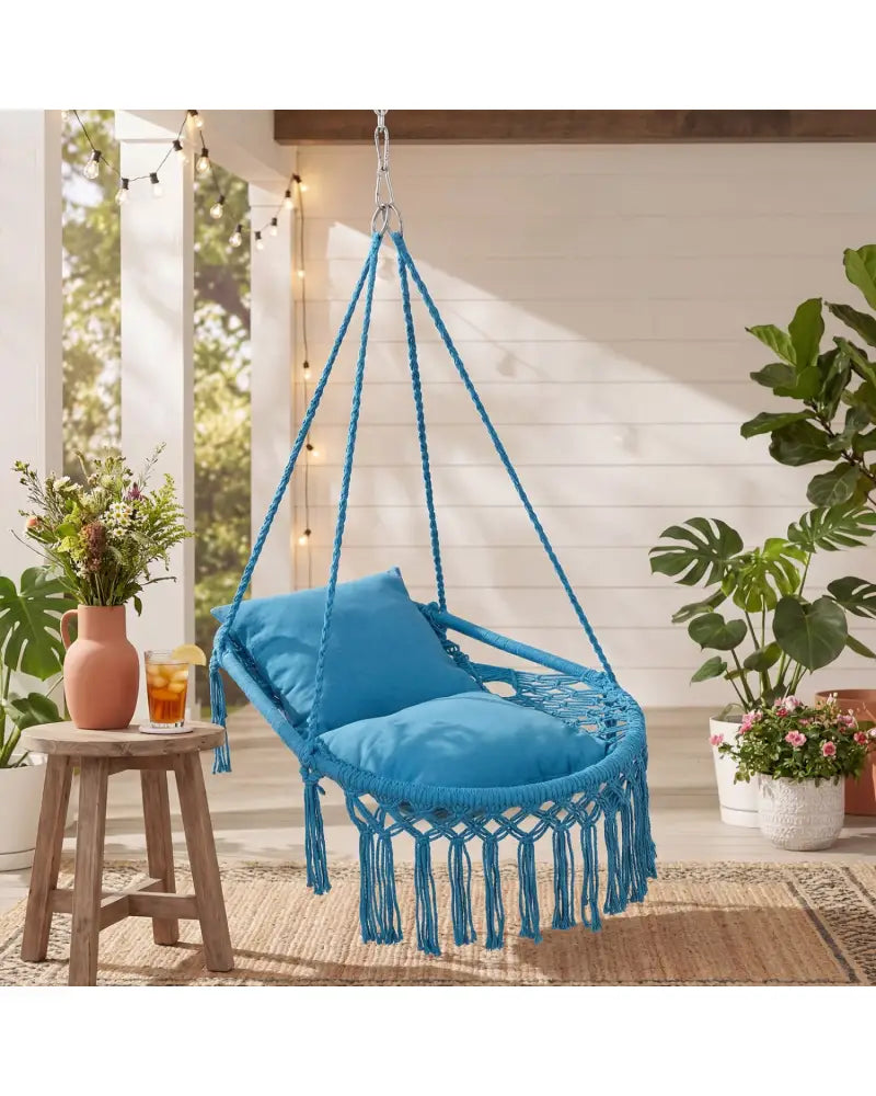 Macrame Swing Chair Hammock Chair with 2 Removable Cushions-Navy - Navy - Hammocks