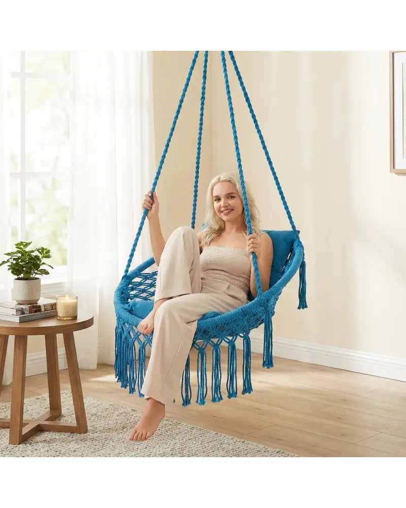Macrame Swing Chair Hammock Chair with 2 Removable Cushions-Navy - Navy - Hammocks