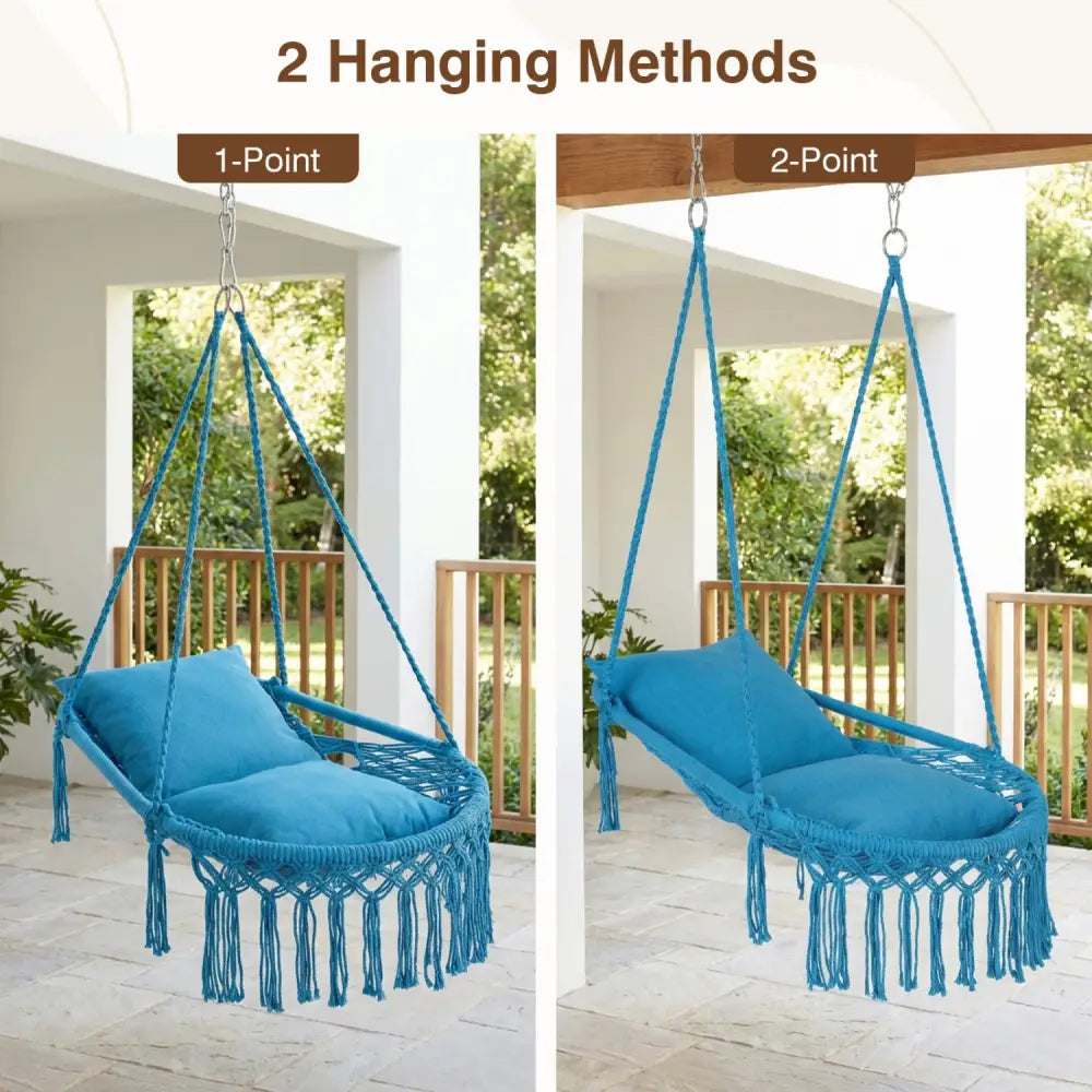 Macrame Swing Chair Hammock Chair with 2 Removable Cushions-Navy - Navy - Hammocks