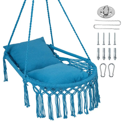 Macrame Swing Chair Hammock Chair with 2 Removable Cushions-Navy - Navy - Hammocks