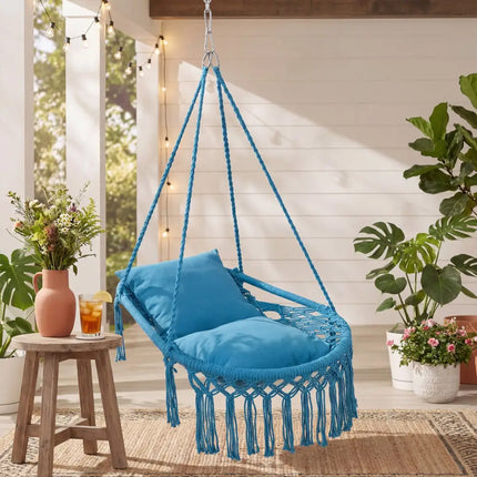 Macrame Swing Chair Hammock Chair with 2 Removable Cushions-Navy - Navy - Hammocks