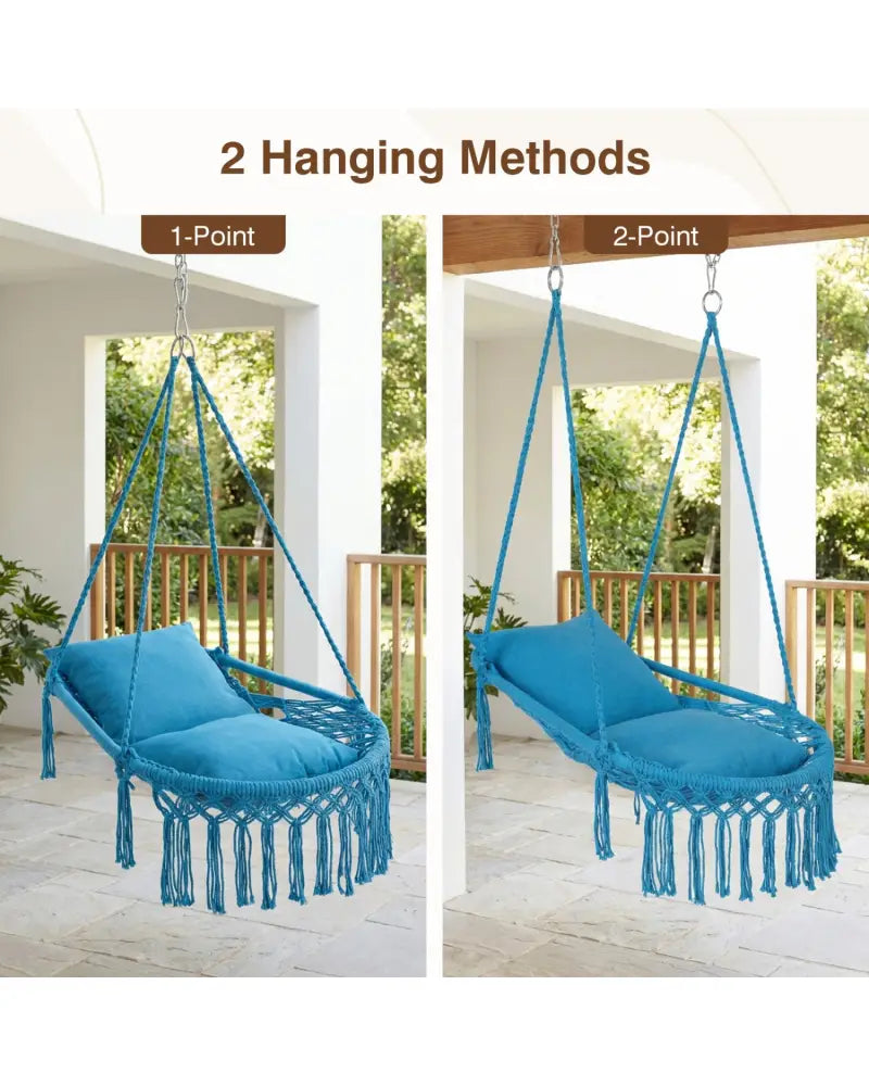 Macrame Swing Chair Hammock Chair with 2 Removable Cushions-Navy - Navy - Hammocks
