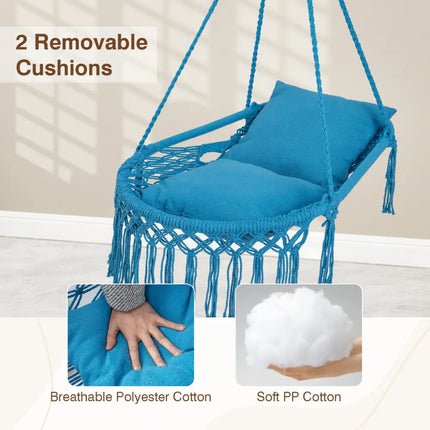 Macrame Swing Chair Hammock Chair with 2 Removable Cushions-Navy - Navy - Hammocks