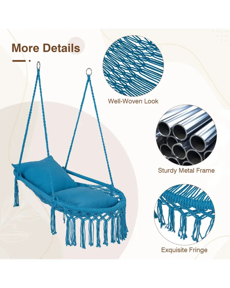 Macrame Swing Chair Hammock Chair with 2 Removable Cushions-Navy - Navy - Hammocks
