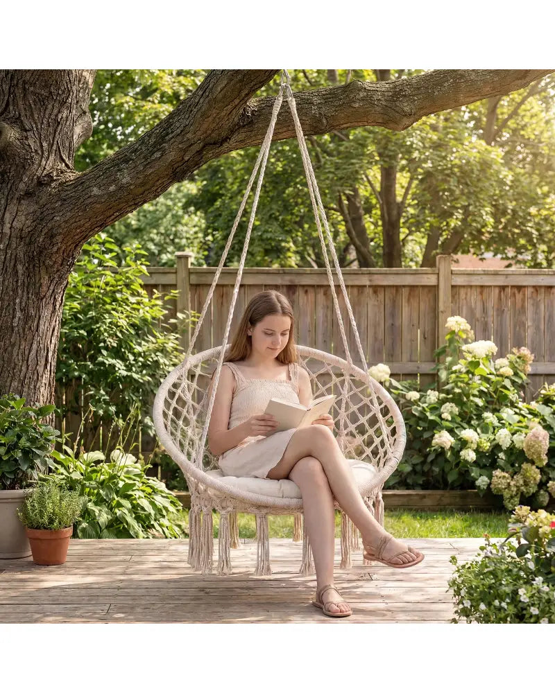 Macrame Swing Chair Hammock Chair with Round Seat Cushion-Beige - Beige - Hammocks