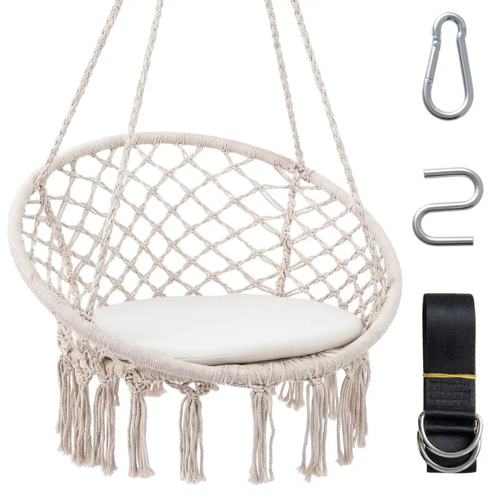 Macrame Swing Chair Hammock Chair with Round Seat Cushion-Beige - Beige - Hammocks