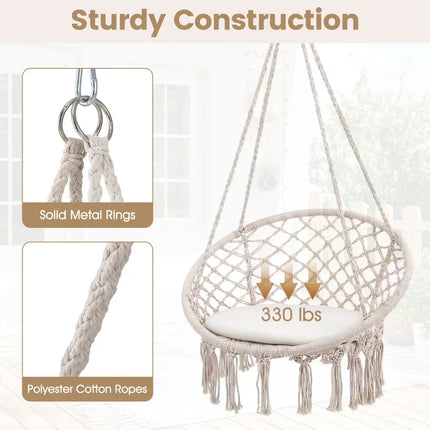 Macrame Swing Chair Hammock Chair with Round Seat Cushion-Beige - Beige - Hammocks
