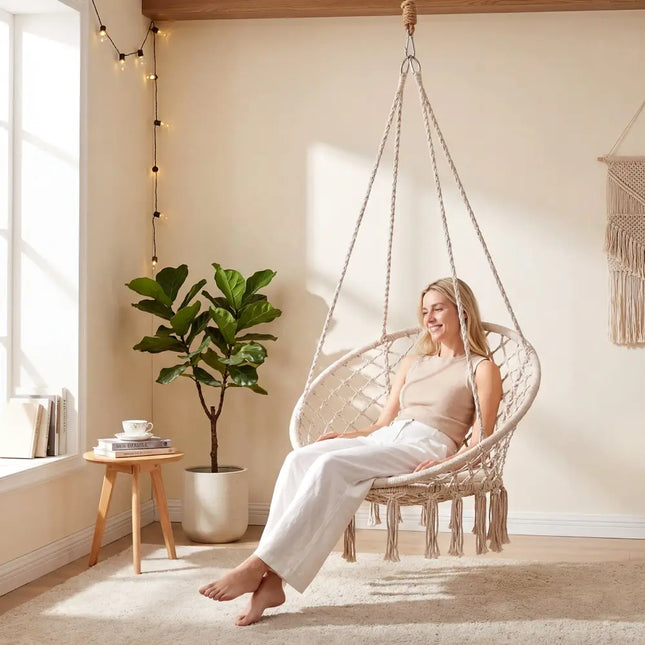 Macrame Swing Chair Hammock Chair with Round Seat Cushion-Beige - Beige - Hammocks
