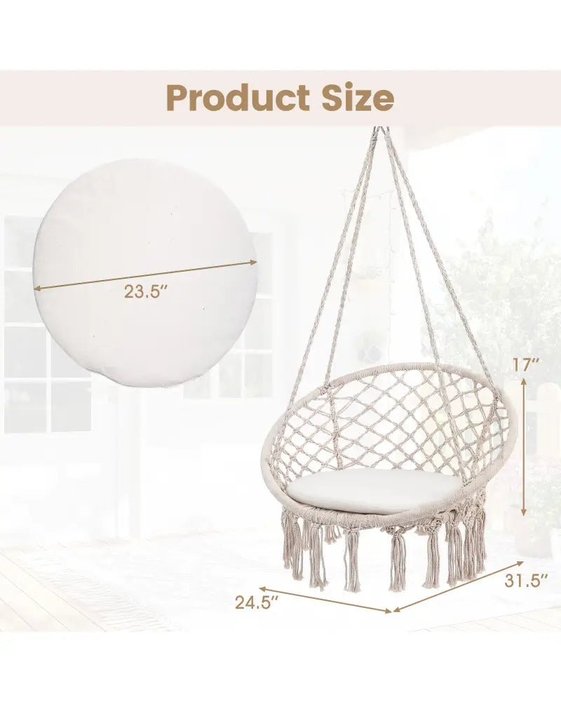 Macrame Swing Chair Hammock Chair with Round Seat Cushion-Beige - Beige - Hammocks