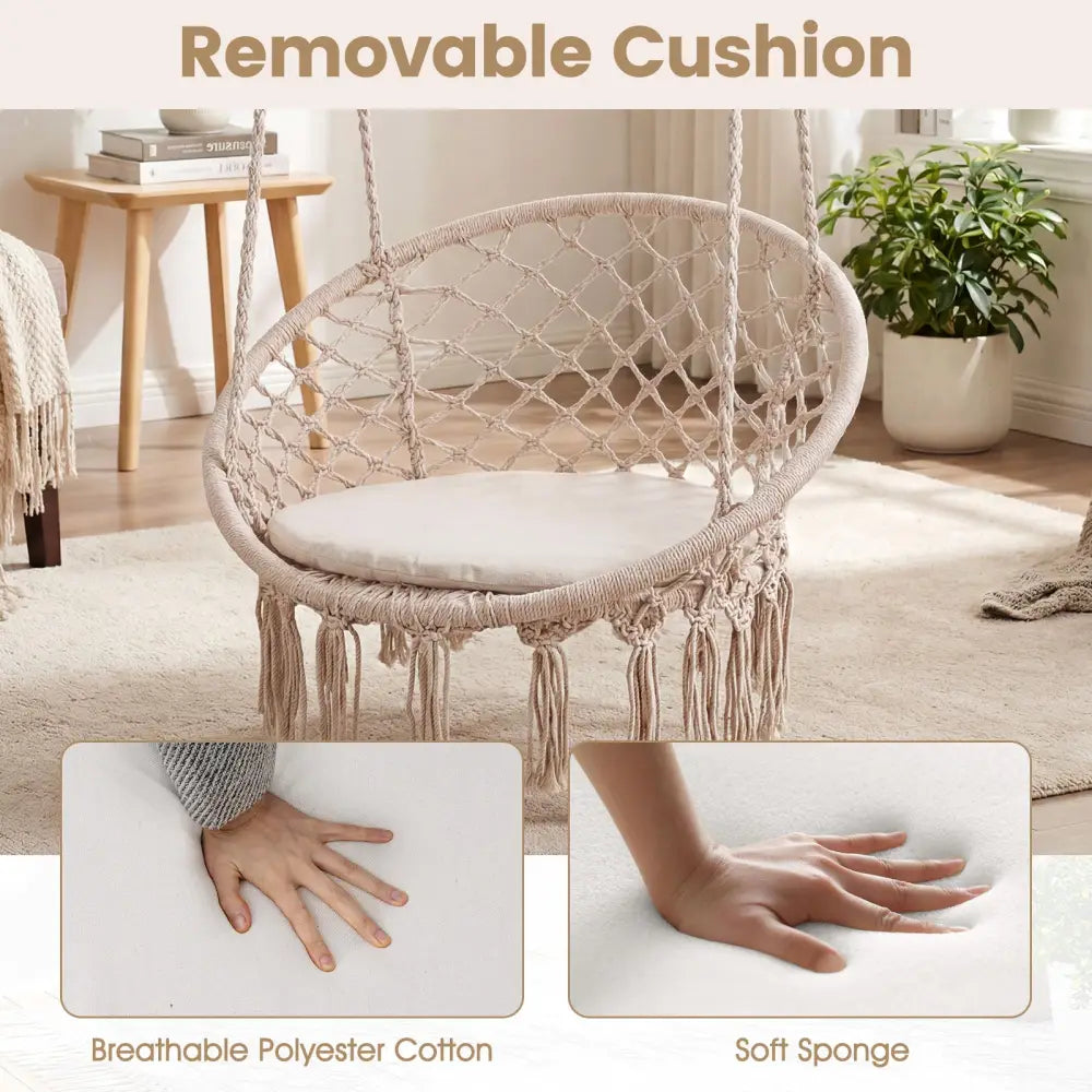 Macrame Swing Chair Hammock Chair with Round Seat Cushion-Beige - Beige - Hammocks