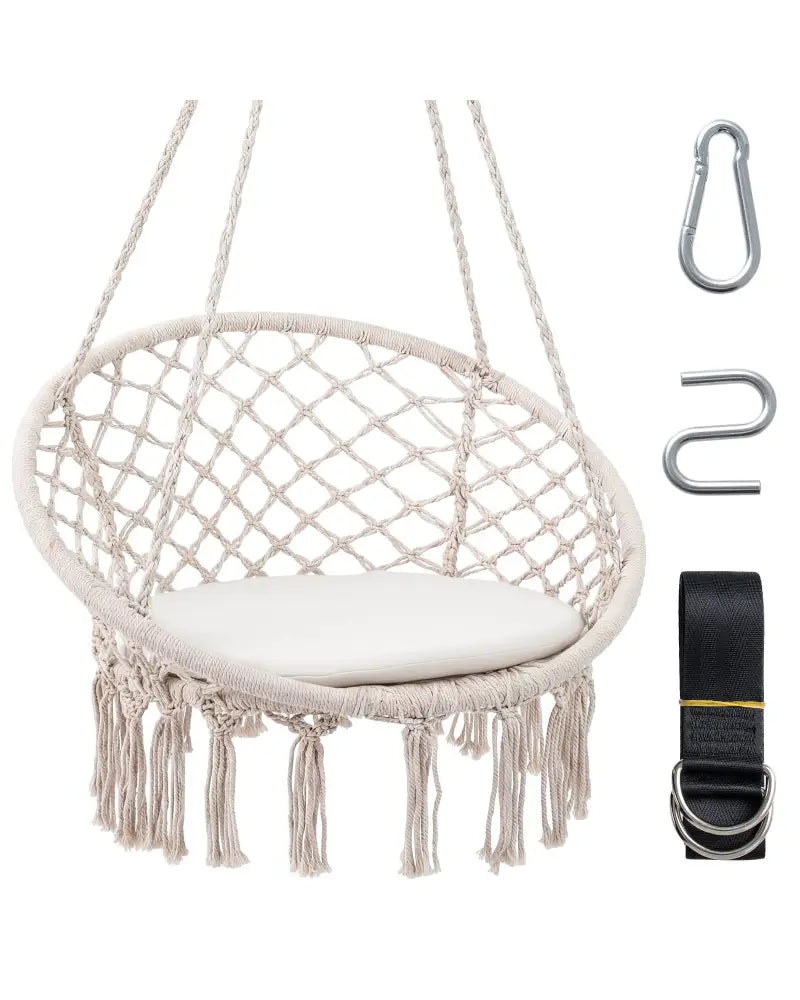 Macrame Swing Chair Hammock Chair with Round Seat Cushion-Beige - Beige - Hammocks