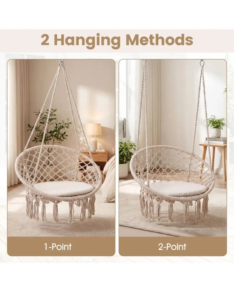 Macrame Swing Chair Hammock Chair with Round Seat Cushion-Beige - Beige - Hammocks