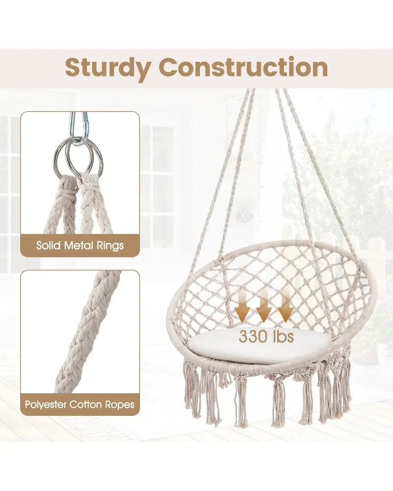 Macrame Swing Chair Hammock Chair with Round Seat Cushion-Beige - Beige - Hammocks