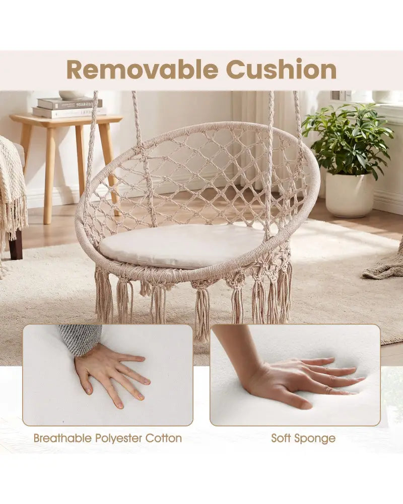 Macrame Swing Chair Hammock Chair with Round Seat Cushion-Beige - Beige - Hammocks