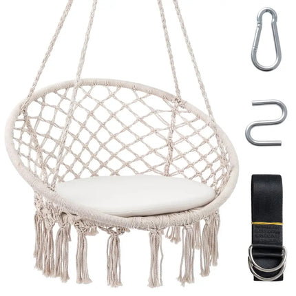 Macrame Swing Chair Hammock Chair with Round Seat Cushion-Beige - Beige - Hammocks