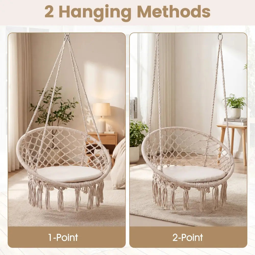 Macrame Swing Chair Hammock Chair with Round Seat Cushion-Beige - Beige - Hammocks