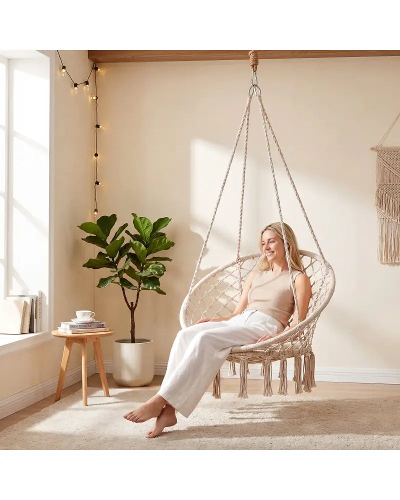 Macrame Swing Chair Hammock Chair with Round Seat Cushion-Beige - Beige - Hammocks
