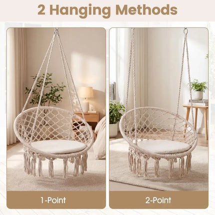 Macrame Swing Chair Hammock Chair with Round Seat Cushion-Beige - Beige - Hammocks