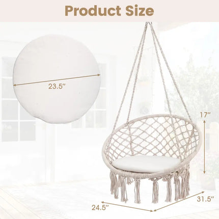 Macrame Swing Chair Hammock Chair with Round Seat Cushion-Beige - Beige - Hammocks