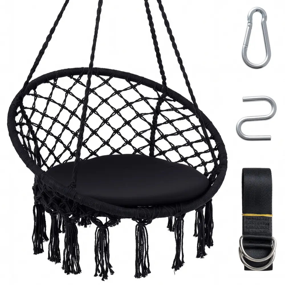 Macrame Swing Chair Hammock Chair with Round Seat Cushion-Black - Black - Hammocks