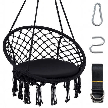 Macrame Swing Chair Hammock Chair with Round Seat Cushion-Black - Black - Hammocks