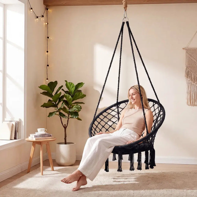 Macrame Swing Chair Hammock Chair with Round Seat Cushion-Black - Black - Hammocks