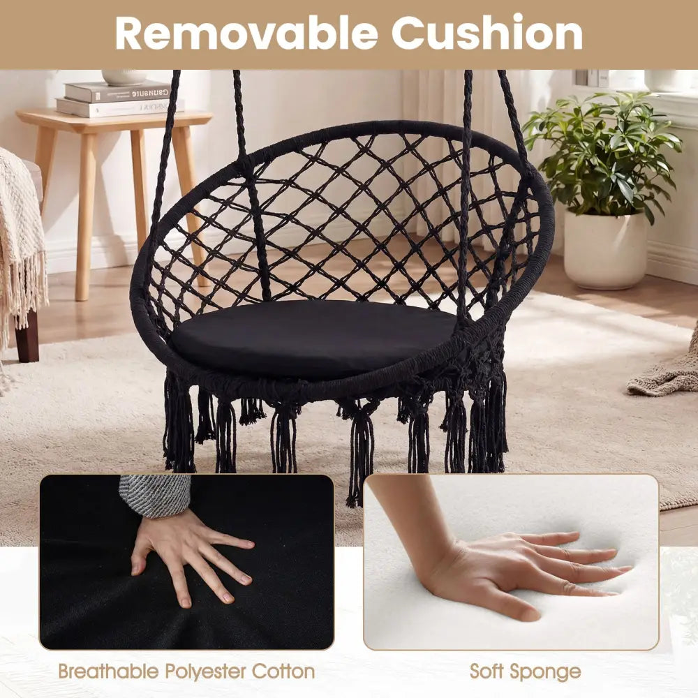Macrame Swing Chair Hammock Chair with Round Seat Cushion-Black - Black - Hammocks