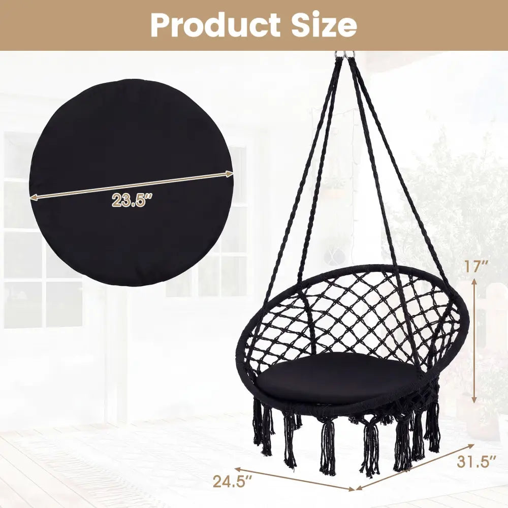 Macrame Swing Chair Hammock Chair with Round Seat Cushion-Black - Black - Hammocks