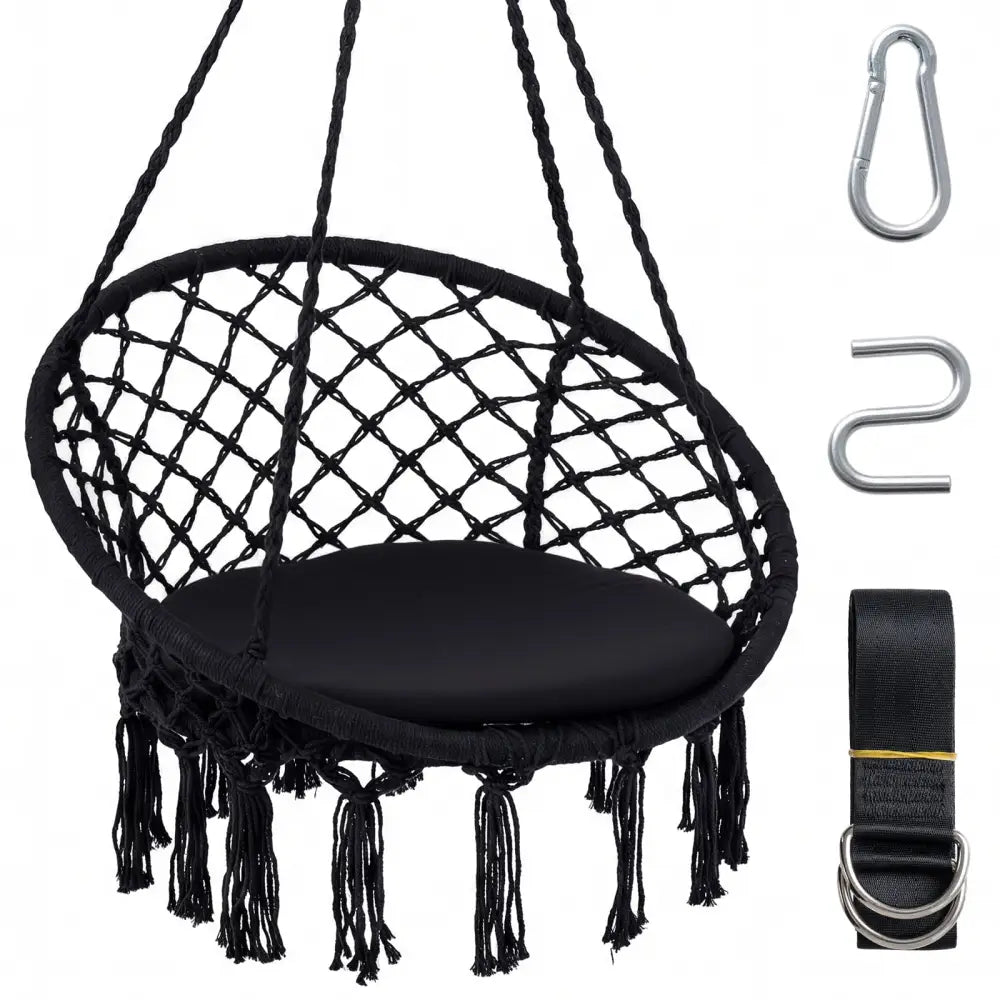 Macrame Swing Chair Hammock Chair with Round Seat Cushion-Black - Black - Hammocks