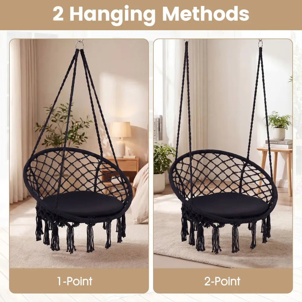Macrame Swing Chair Hammock Chair with Round Seat Cushion-Black - Black - Hammocks