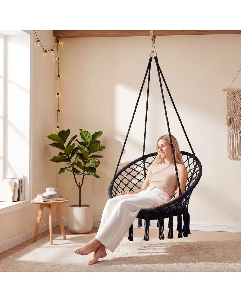 Macrame Swing Chair Hammock Chair with Round Seat Cushion-Black - Black - Hammocks