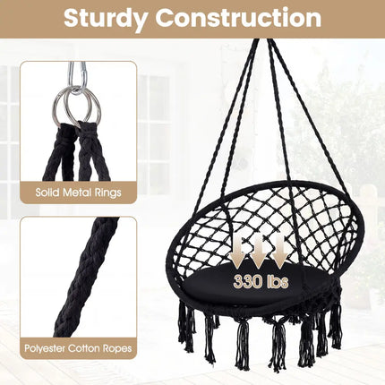 Macrame Swing Chair Hammock Chair with Round Seat Cushion-Black - Black - Hammocks