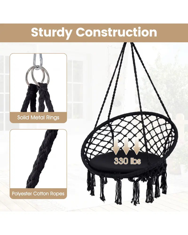 Macrame Swing Chair Hammock Chair with Round Seat Cushion-Black - Black - Hammocks