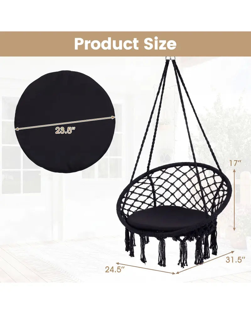 Macrame Swing Chair Hammock Chair with Round Seat Cushion-Black - Black - Hammocks