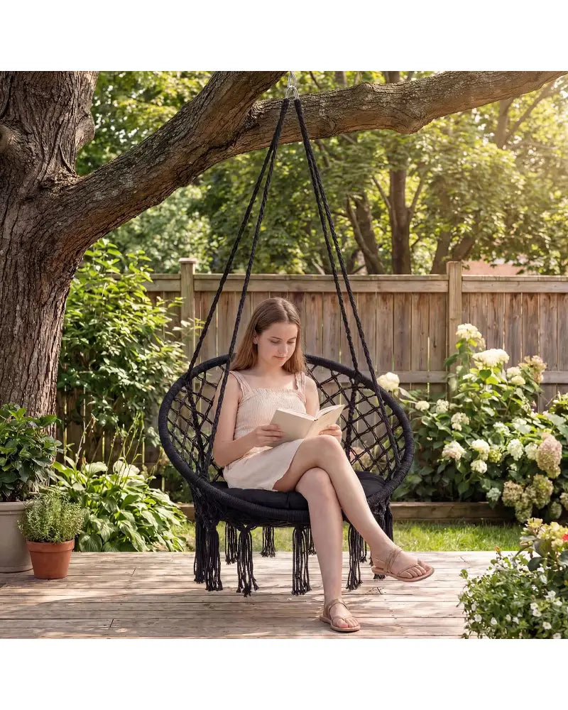 Macrame Swing Chair Hammock Chair with Round Seat Cushion-Black - Black - Hammocks